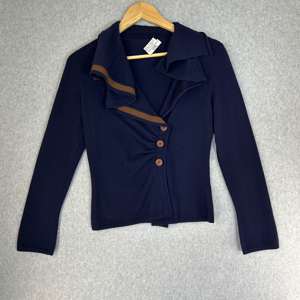 Brunello Cucinelli Navy Blue‎ Brown Cashmere Asymmetric Ruffle Cardigan Sz Small